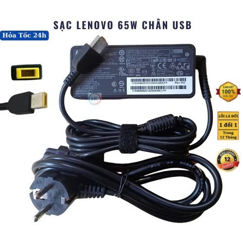 Sạc Laptop Lenovo 20V-3.25A 65W Chân Vuông USB - Type C - Chân Nhỏ BH 12 tháng