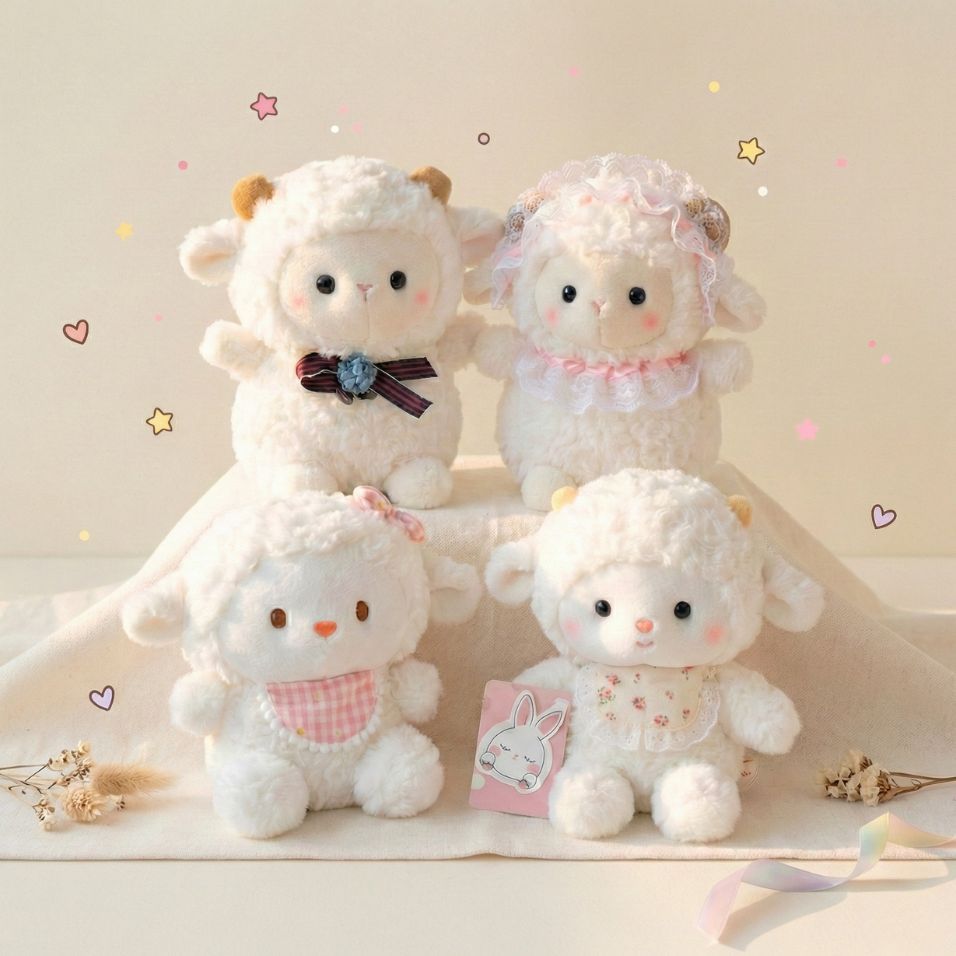 Gấu Bông Cừu Trắng Mini Siêu Dễ Thương, Cừu Bông Đính Hoa Siêu Xinh Làm Quà Tặng Sinh Nhật, Decor Bàn