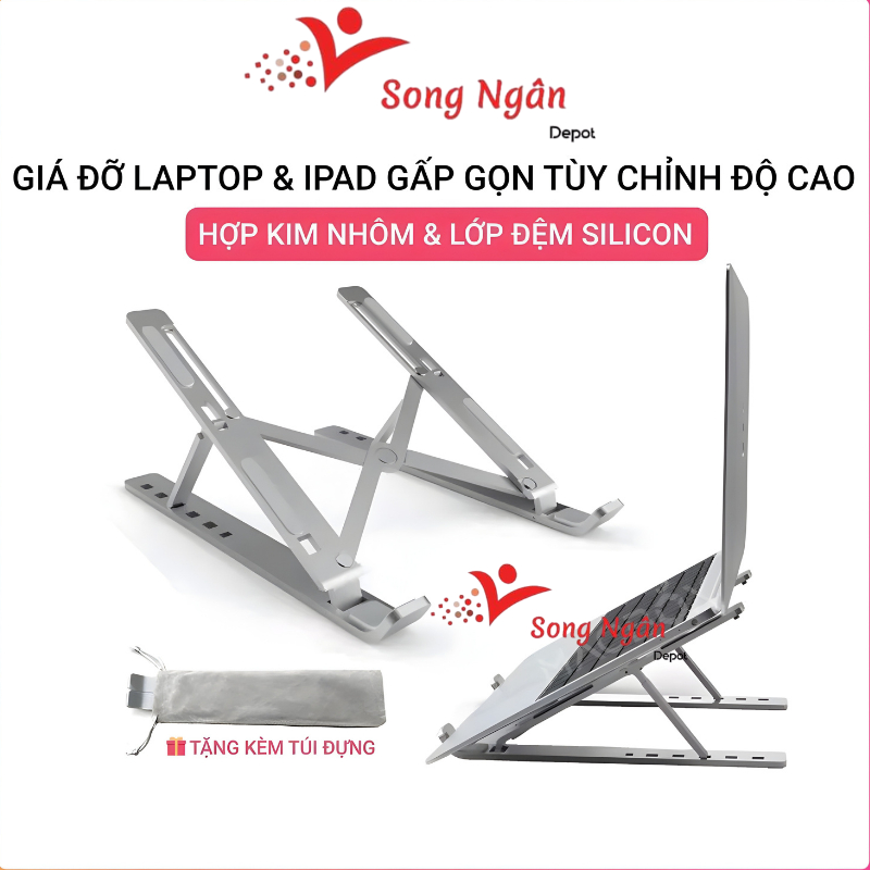 Giá Đỡ Laptop Nhôm Cao Cấp Điều Chỉnh Độ Cao Gấp Gọn, Tản Nhiệt Tốt Cho Máy Tính
