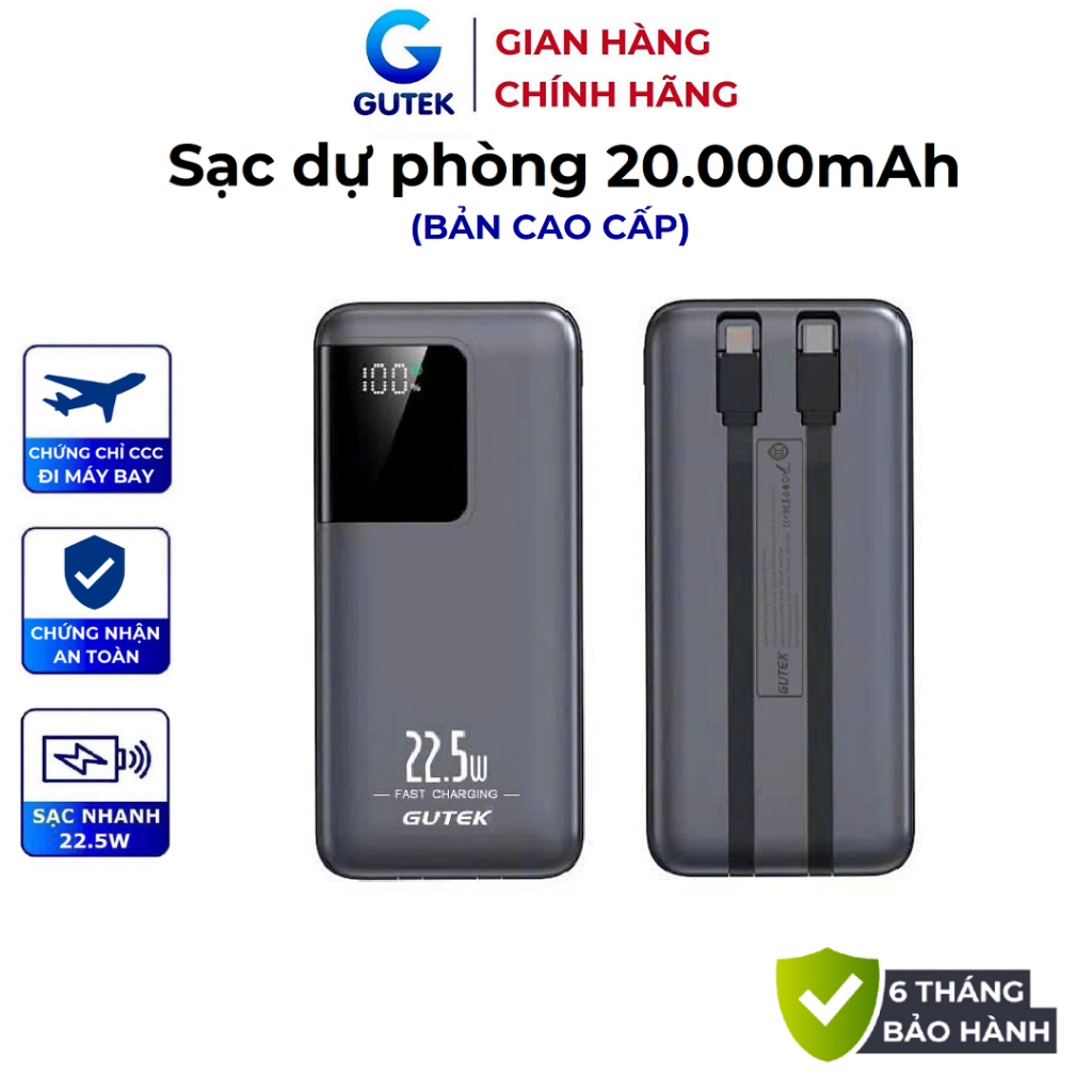 Pin Sạc dự phòng 20000mah sạc nhanh 22,5w tích hợp 2 dây sạc điện thoại - Gutek GT091