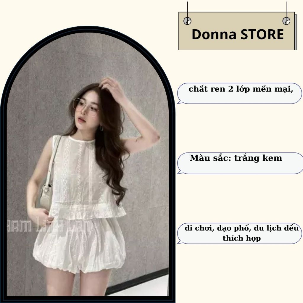set đồ nữ xinh, bộ nữ áo ren phối chân váy bí sát nách vải thô ren trắng Donna hcom25705