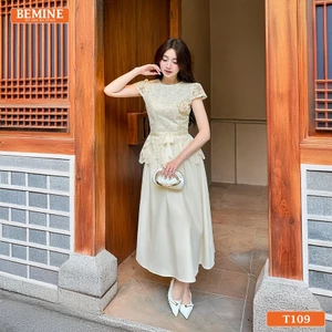 Đầm thiết kế cao cấp BEMINE cổ tròn phối ren hoa giả set dáng dài-T109