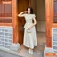 Đầm thiết kế cao cấp BEMINE cổ tròn phối ren hoa giả set dáng dài-T109
