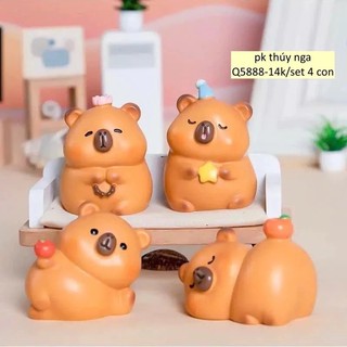 Tượng capybara, bộ 4con và set giấy hình cắm capybara- Phụ kiện trang trí bánh kem