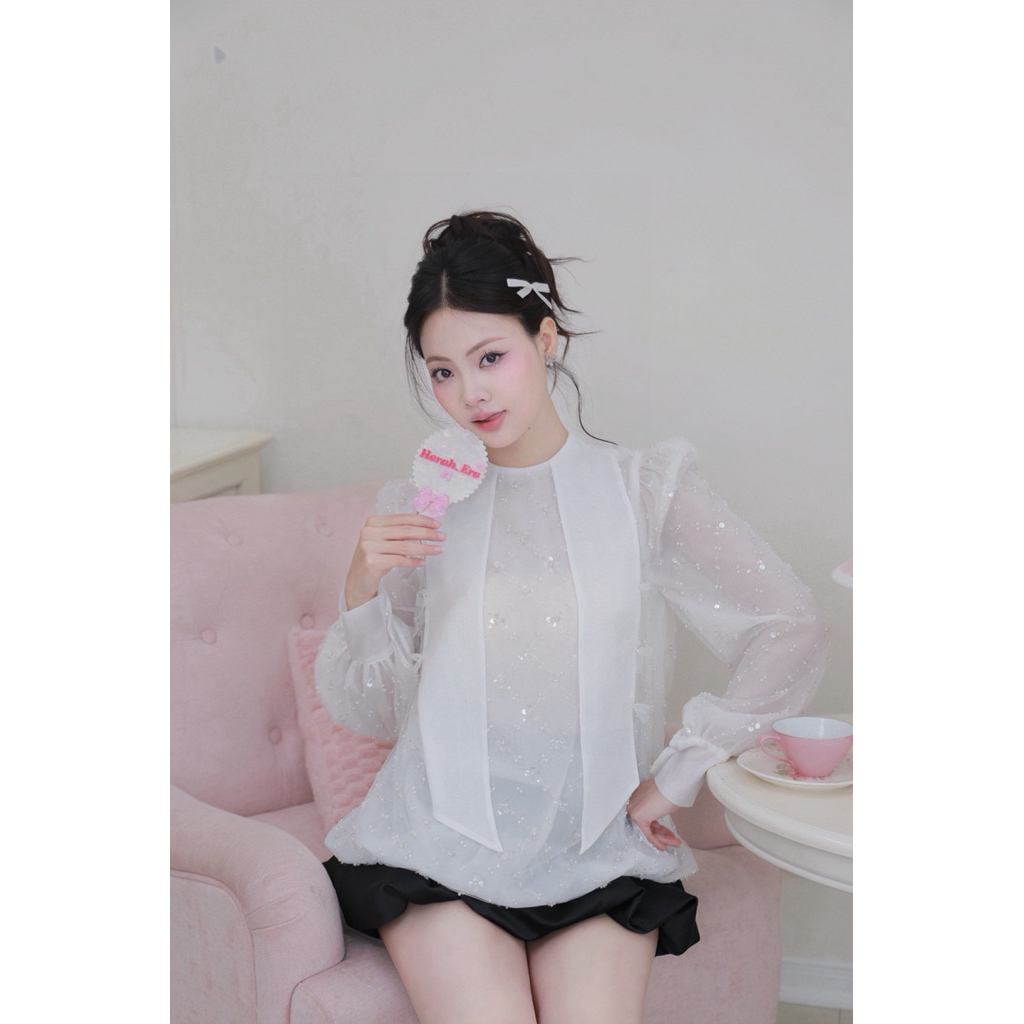 HERAH.ERA - Áo Sơ Mi Trắng Kiểu Ren Đá Phối Vạt Nơ Phong Cách Tiểu Thư / Fairy Dust Top