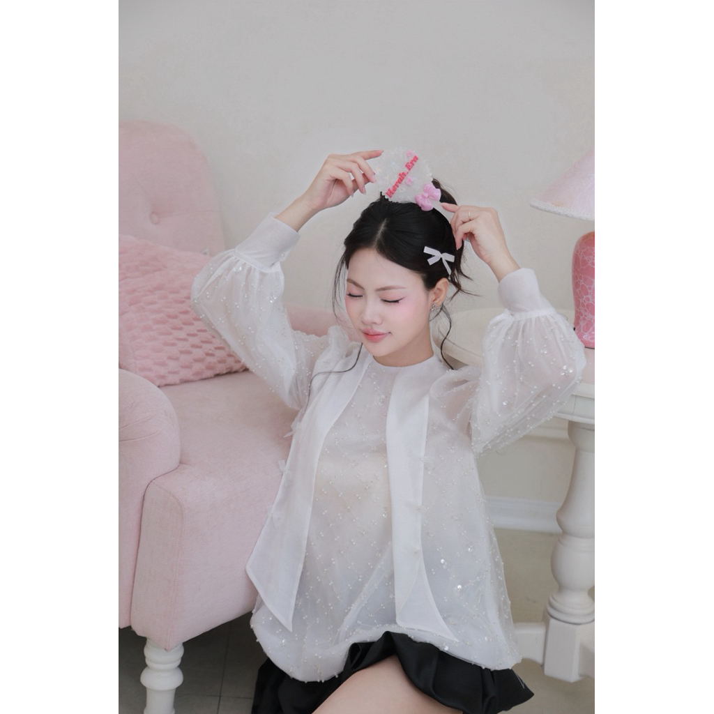 HERAH.ERA - Áo Sơ Mi Trắng Kiểu Ren Đá Phối Vạt Nơ Phong Cách Tiểu Thư / Fairy Dust Top