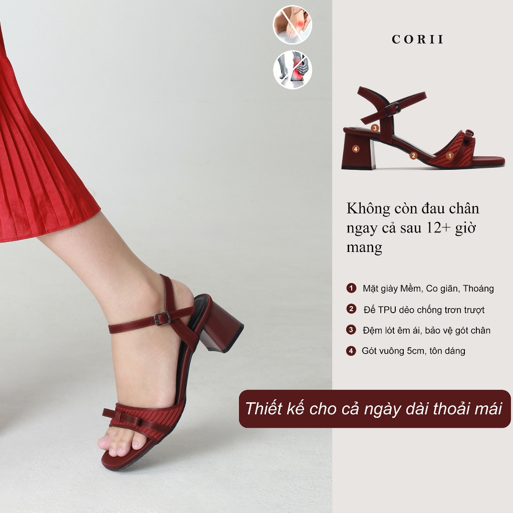 CORII - Giày Sandal Cao Gót Mũi Vuông Phối Nơ TẾT 2026 Thời Trang và Thoải Mái  - CR6T262 Đỏ
