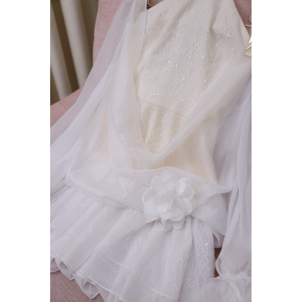 HERAH.ERA - Đầm Trắng Thiết Kế Layer Ren Babydoll Tay Dài Voan Mềm Xuyên Thấu Phối Hoa Tiểu Thư Hàn Quốc / Angelic Dress