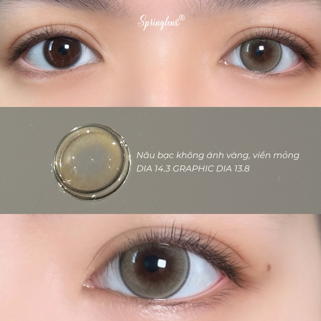 Kính áp tròng Jelly Brown nâu bạc sữa viền đen filter nhẹ vibe Hug Me giãn to 3 tháng 0-7 độ | Spring Lens