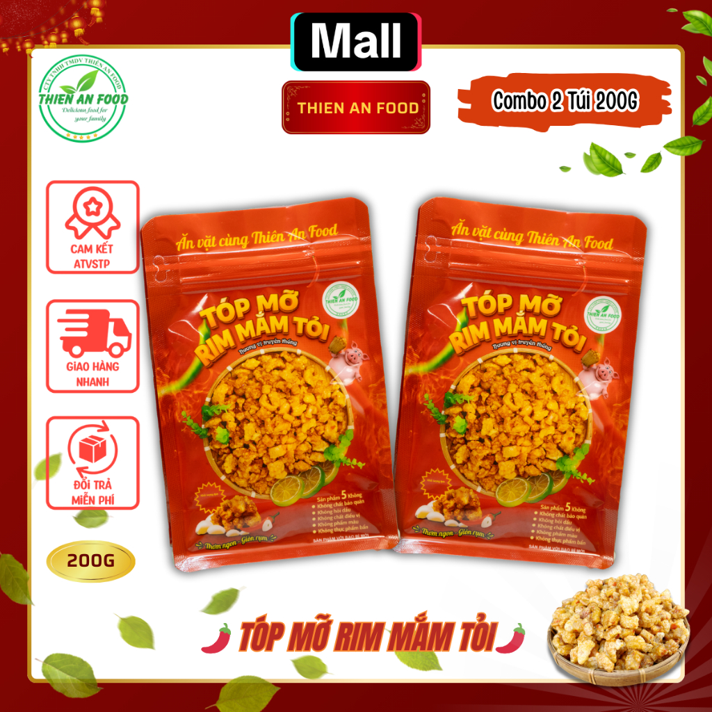 Combo 2 Túi Tóp Mỡ Da Giòn Rim Mắm Tỏi Thiên An Food 200G - Đồ Ăn Vặt Ăn Liền