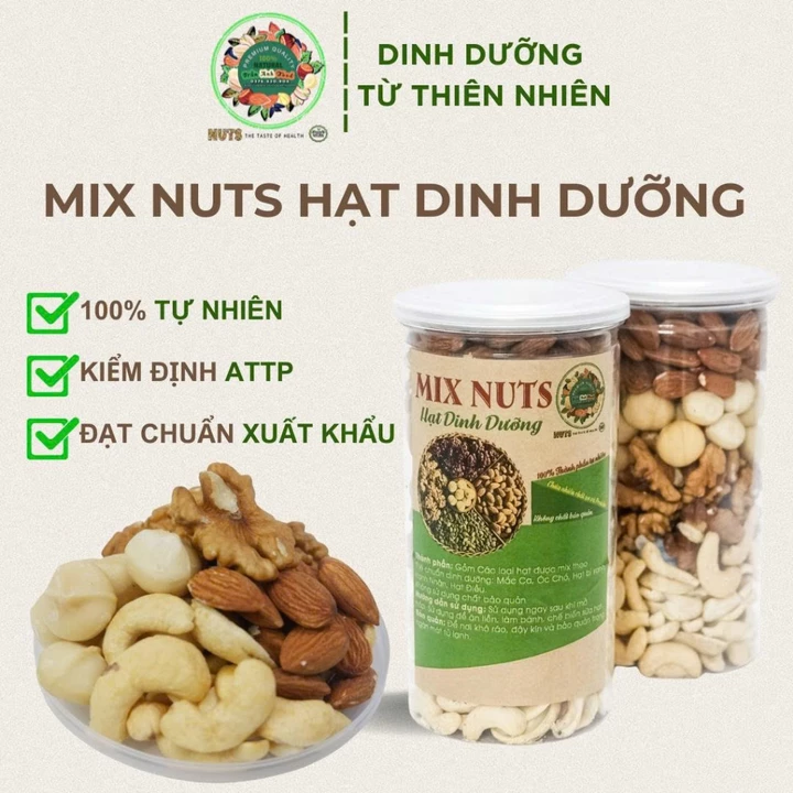 hạt dinh dưỡng mix 5 loại hạt óc chó vàng, hạnh nhân, hạt điều, hạt bí xanh, nhân hạt macca sấy nguyên vị