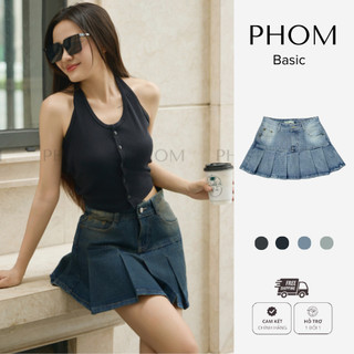 Chân váy jean nữ mùa hè PHOM xếp ly dáng xoè (có bigsize) cạp cao PV04