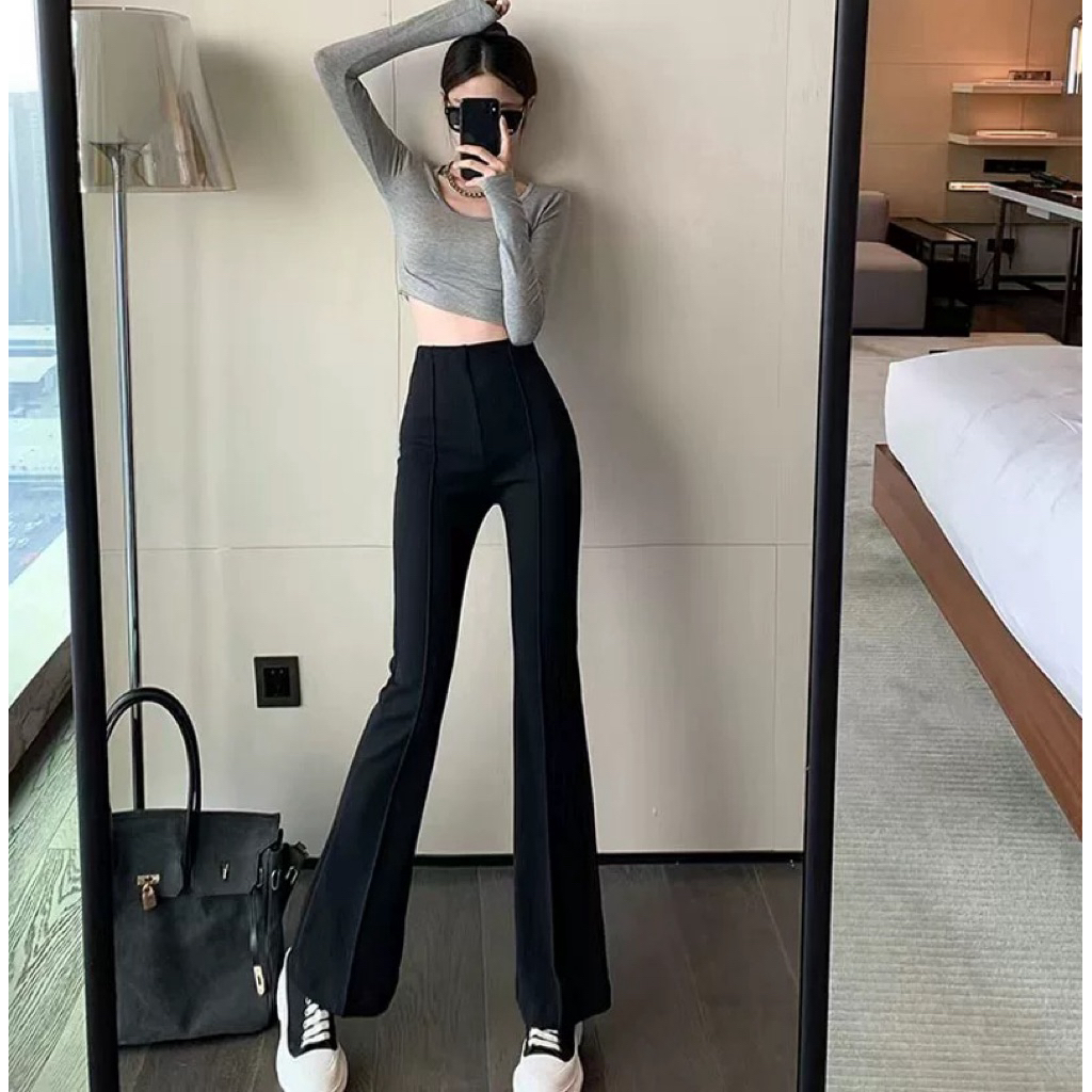 Quần ống loe có phối gân cạp cao, quần loe vải tăm  co dãn 4 chiều tạo hiệu ứng chân dài phong cách hàn quốc