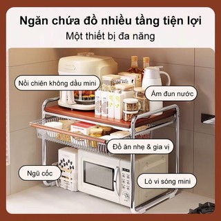 Kệ lò vi sóng Có giỏ kéo ra màu gỗ đàn hương Kệ 2 tầng nhà bếp đa năng