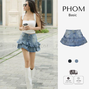 Chân váy jean nữ mùa hè PHOM dáng ngắn bèo hai tầng (có bigsize) cạp cao PV06
