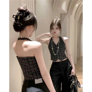 Áo kiểu nữ chất vải dạ ghi lê, áo cổ yếm choàng cổ sát nách LYLYNAA99