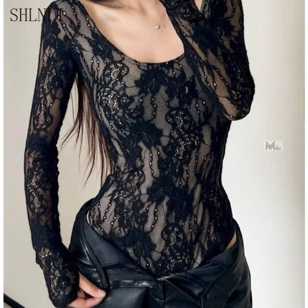 Áo body suits ren hoa cổ u mix đồ gợi cảm