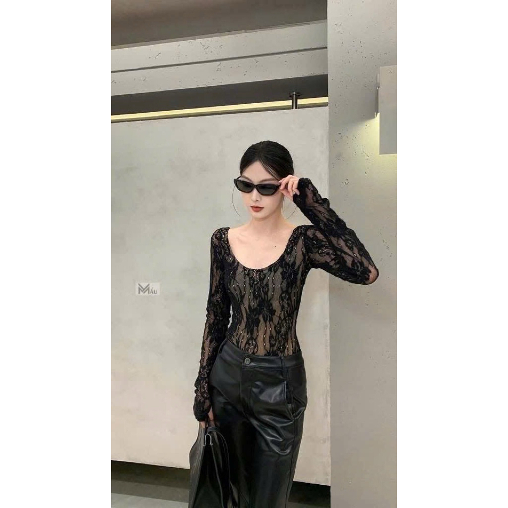 Áo body suits ren hoa cổ u mix đồ gợi cảm