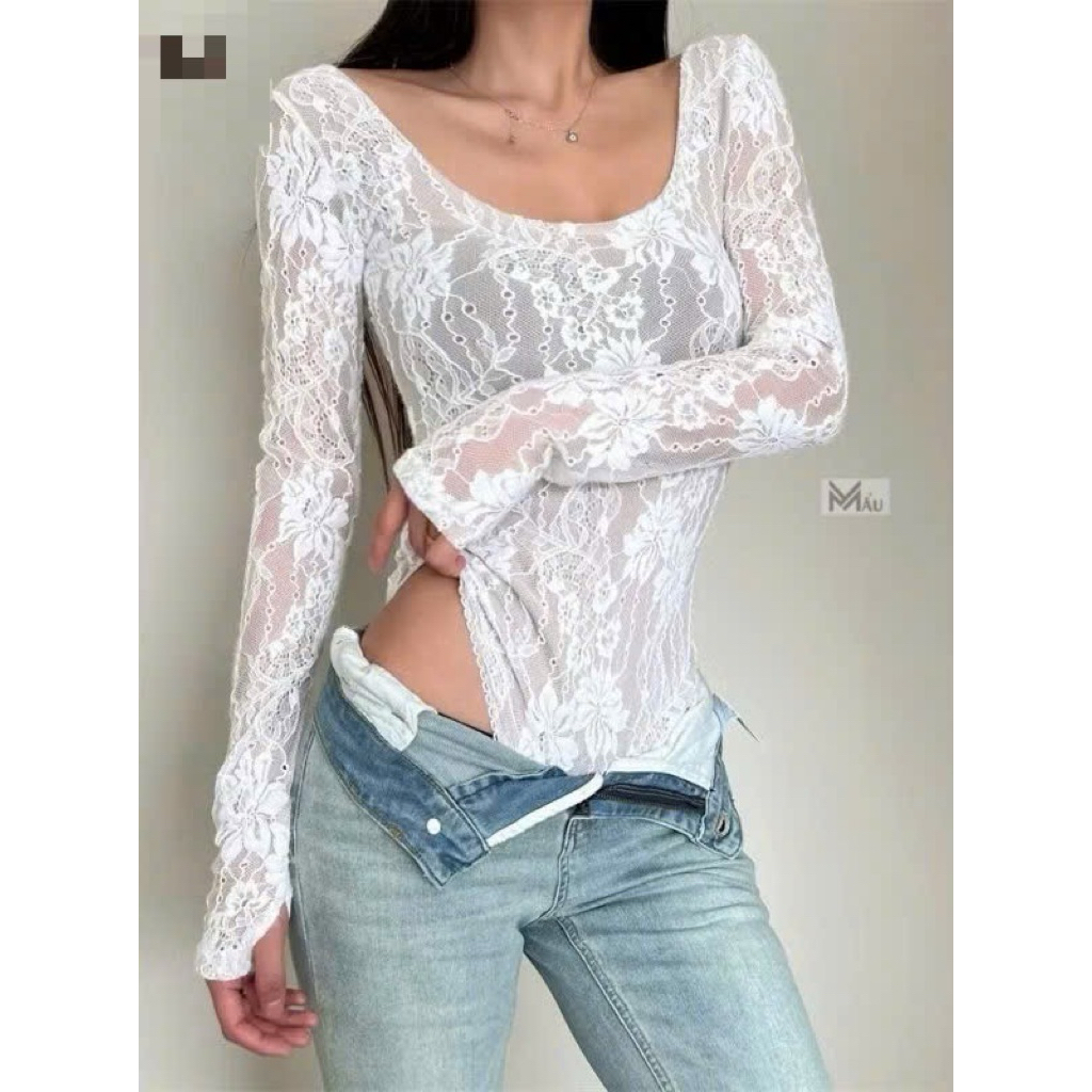 Áo body suits ren hoa cổ u mix đồ gợi cảm