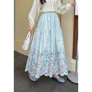 Chân váy ren xô dáng dài Maxi thêu hoa nổi nhiều màu dập viền sóng lưng chun có lớp lót hàng Quảng Châu.