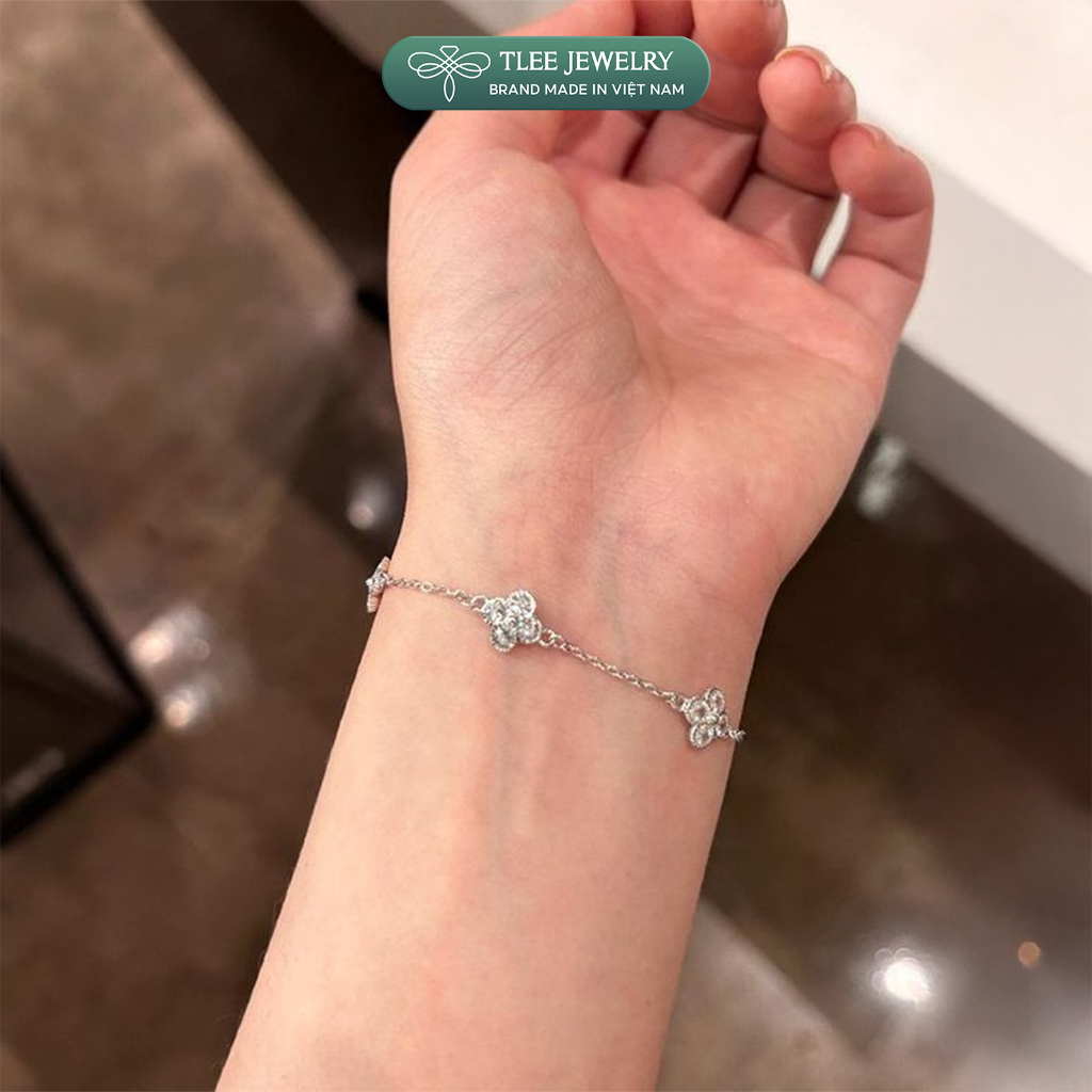 Lắc tay bạc nữ TLEE bốn lá đính đá 3 charm mix ổ đá tròn sang trọng, may mắn TLEE JEWELRY LT0490