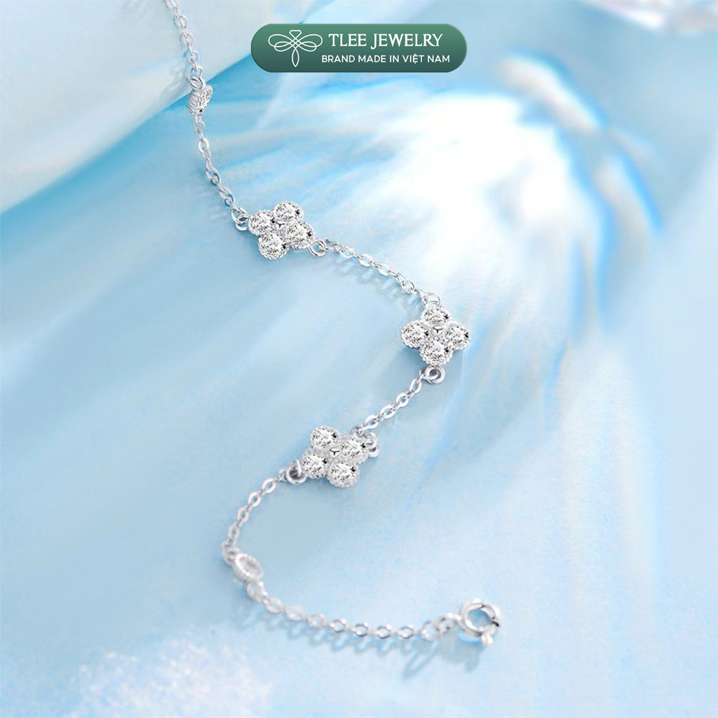 Lắc tay bạc nữ TLEE bốn lá đính đá 3 charm mix ổ đá tròn sang trọng, may mắn TLEE JEWELRY LT0490