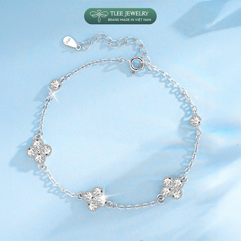 Lắc tay bạc nữ TLEE bốn lá đính đá 3 charm mix ổ đá tròn sang trọng, may mắn TLEE JEWELRY LT0490