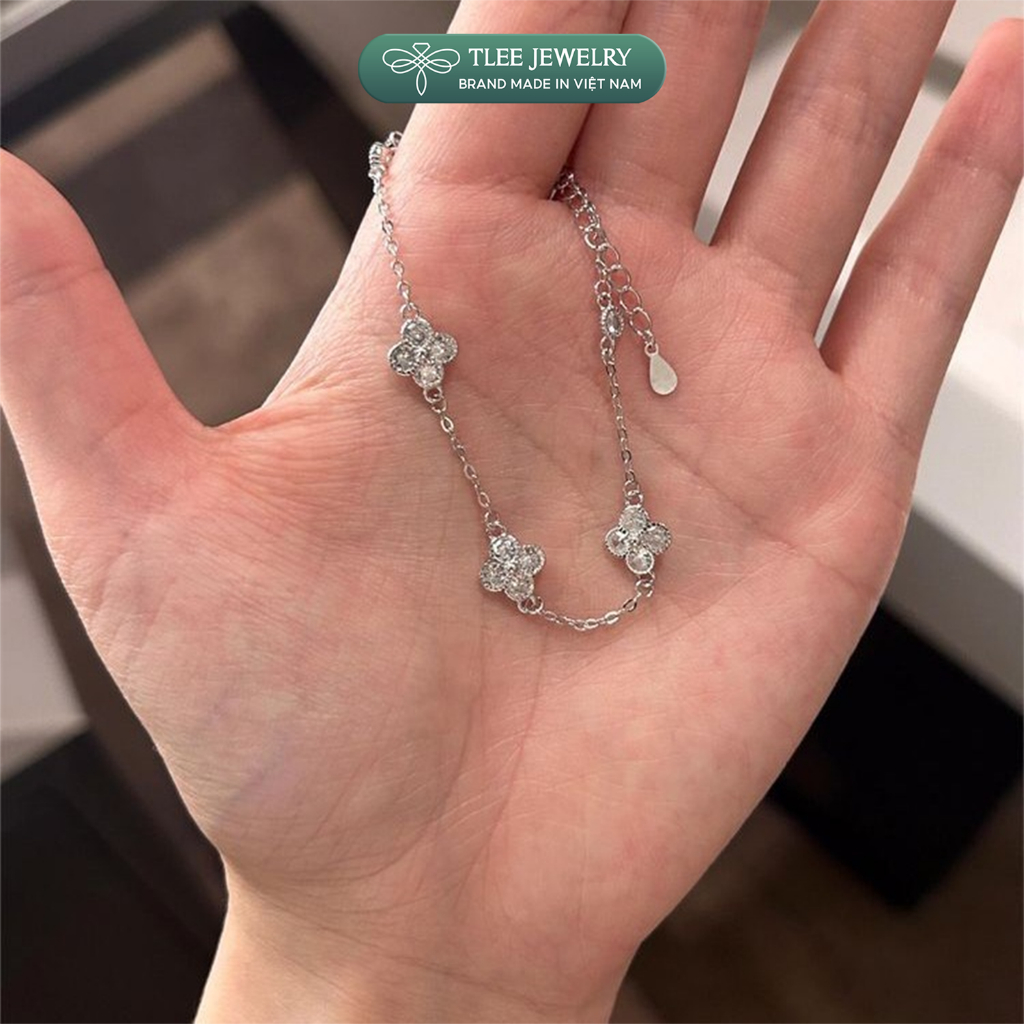 Lắc tay bạc nữ TLEE bốn lá đính đá 3 charm mix ổ đá tròn sang trọng, may mắn TLEE JEWELRY LT0490
