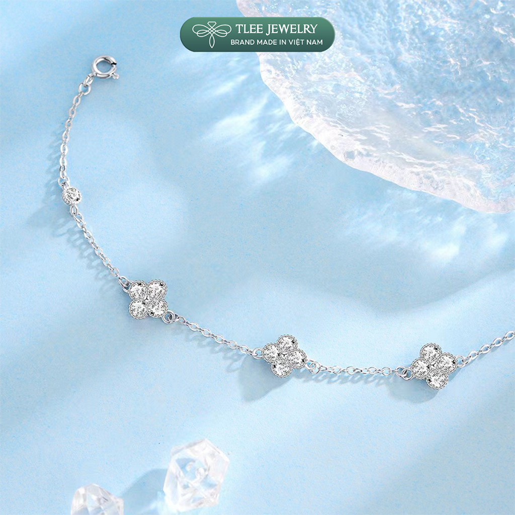 Lắc tay bạc nữ TLEE bốn lá đính đá 3 charm mix ổ đá tròn sang trọng, may mắn TLEE JEWELRY LT0490