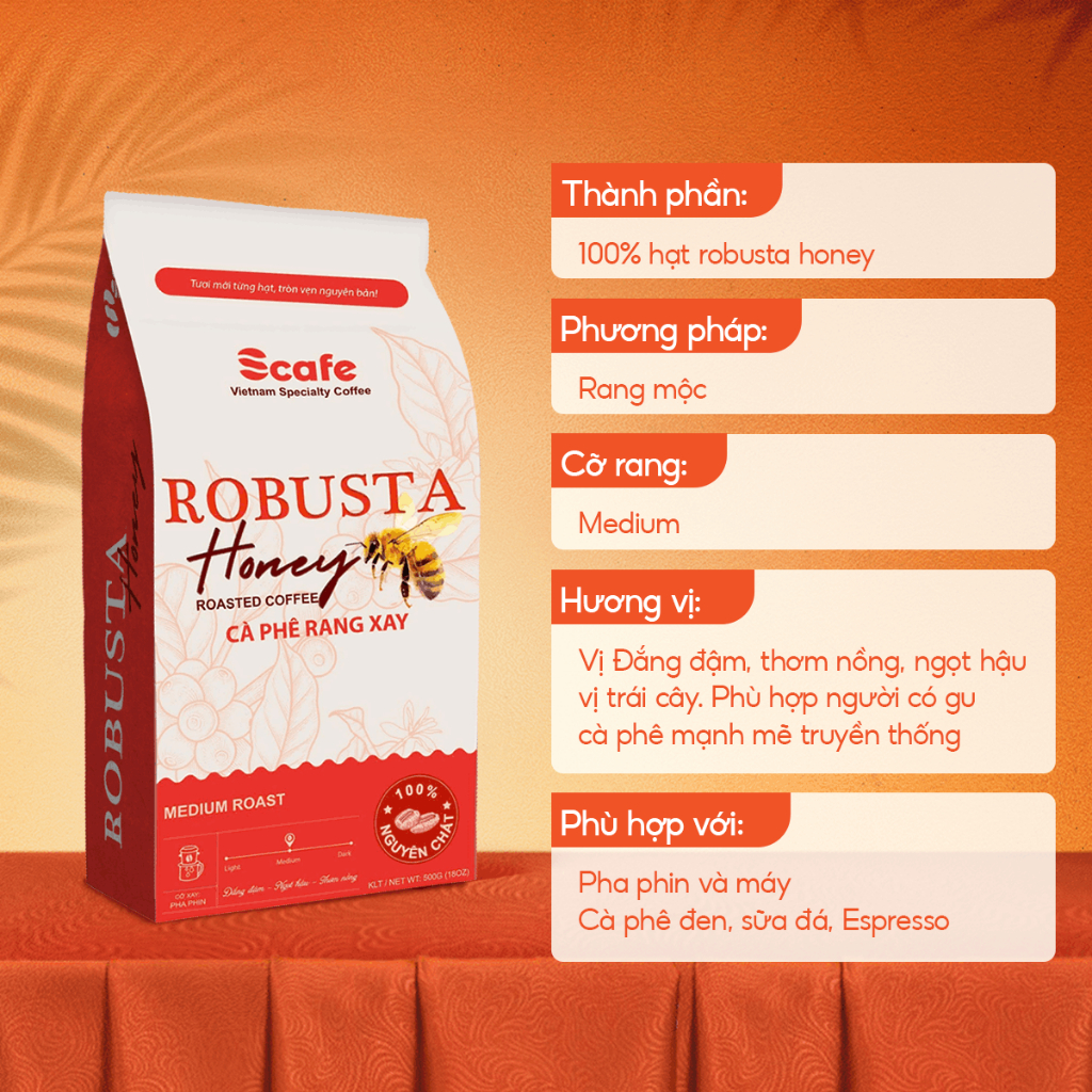 Cà phê rang xay nguyên chất Robusta Honney Gu truyền thống, đắng vừa, hậu ngọt, pha phin và pha máy