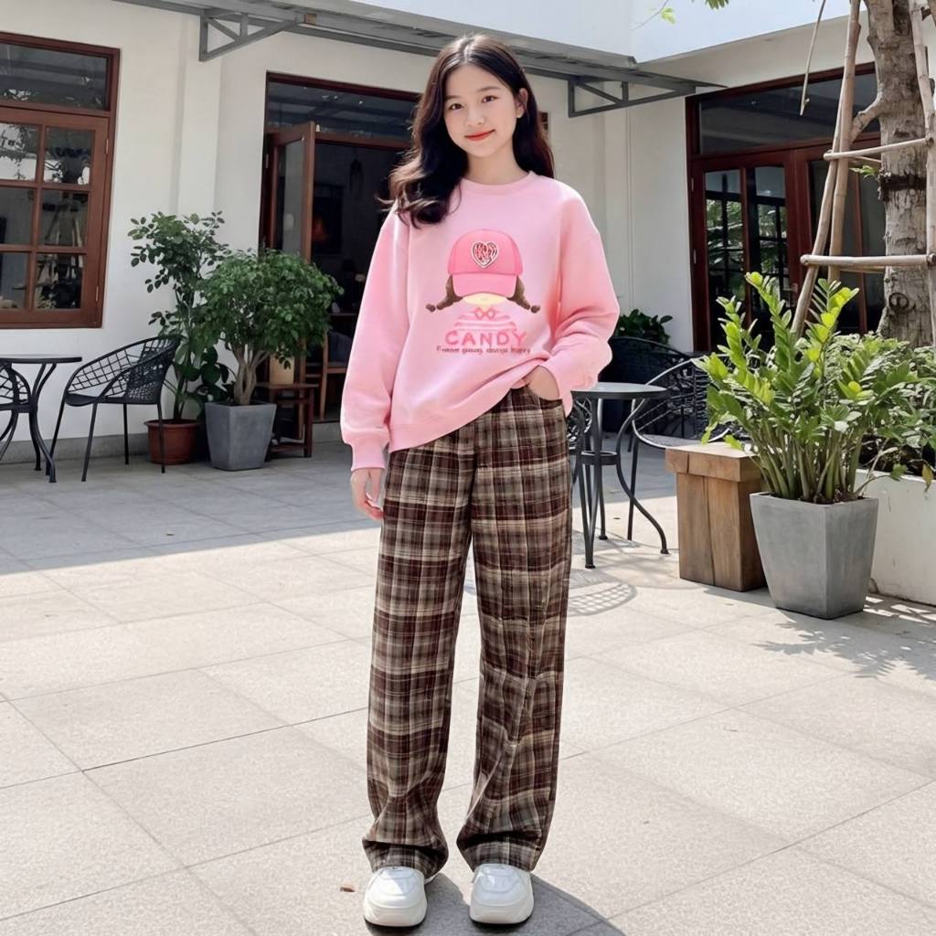 Quần caro ép nhung cho bé gái size đại BEESHOP D25026