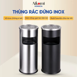 Thùng Rác Inox Có Gạt Tàn Màu Đen Dáng Hình Trụ Chống Gỉ Sét, Độ Sáng Bóng Cao, Chống Rò Rỉ Nước
