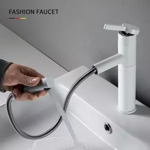 Vòi chậu rửa có thể kéo ra và xoay, vòi phòng tắm để bàn có nước nóng lạnh, màu trắng và có thể xoay.