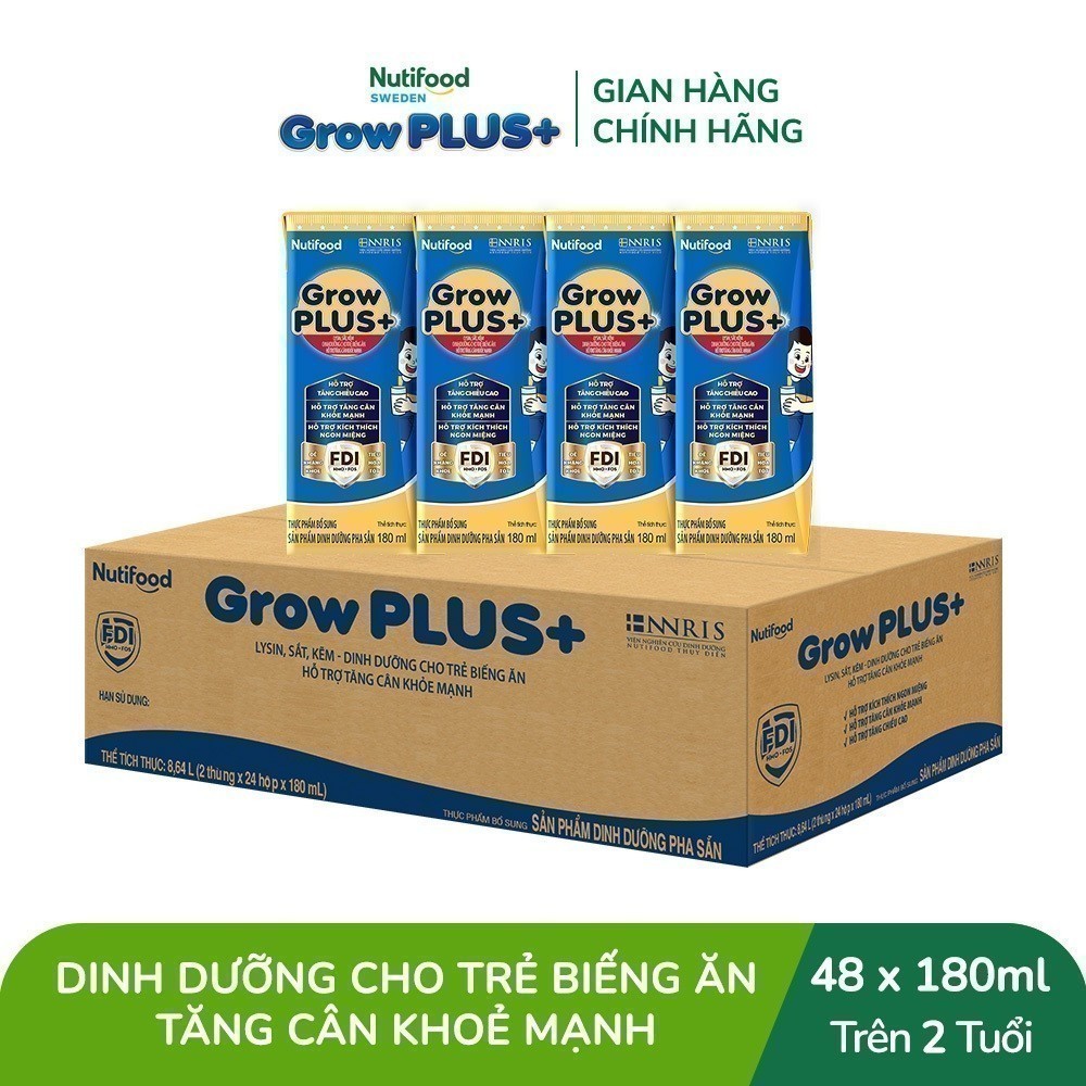 Thùng Sữa Bột Pha Sẵn Nutifood GrowPLUS+ Xanh (Biếng Ăn) 180ml  -Trên 2 tuổi - Tăng Cân Khỏe Mạnh (48 Hộp x 180ml)
