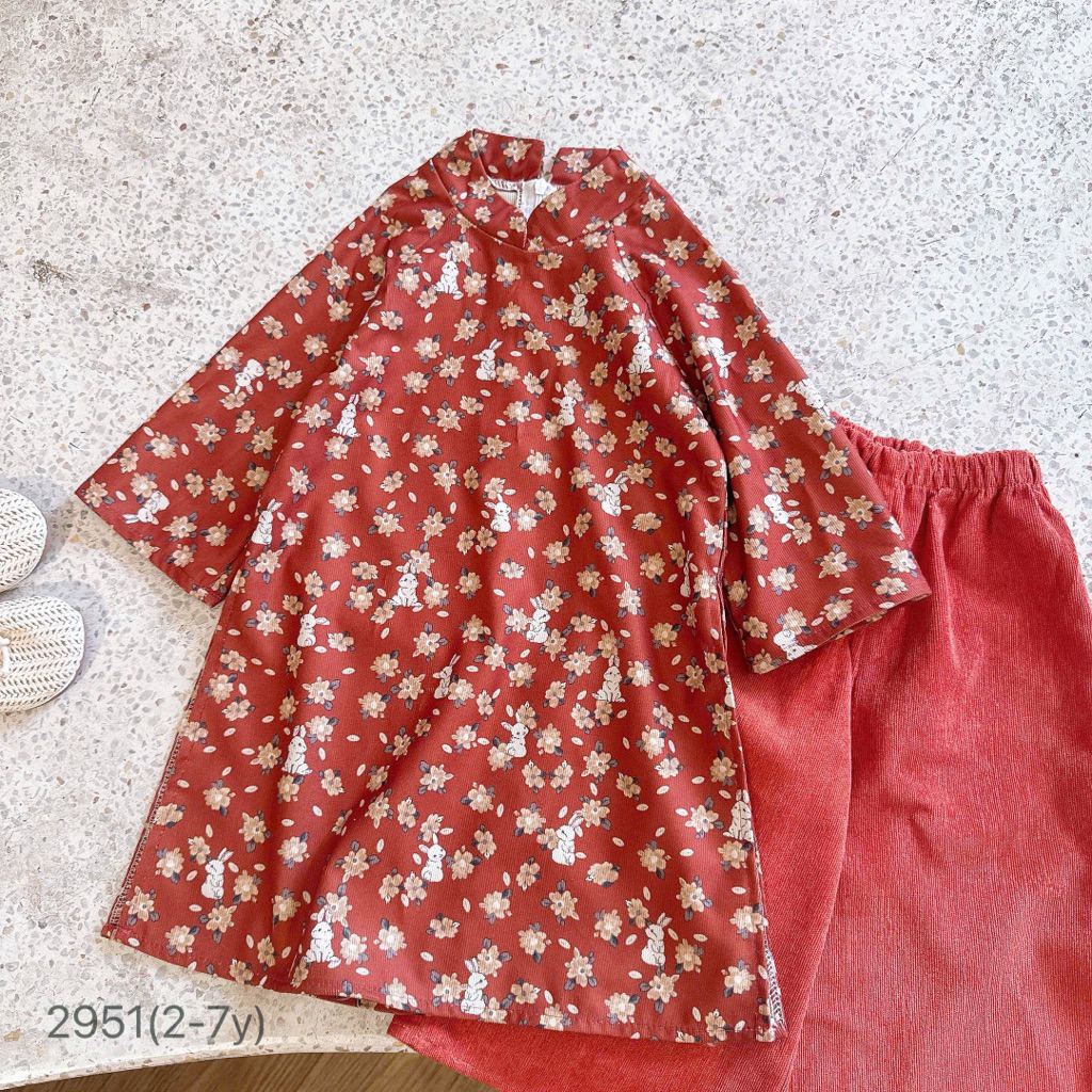 Set áo dài nhung hoa nhí bé gái cao cấp OP size 2-7y (11-30kg) mềm mịn sang xinh
