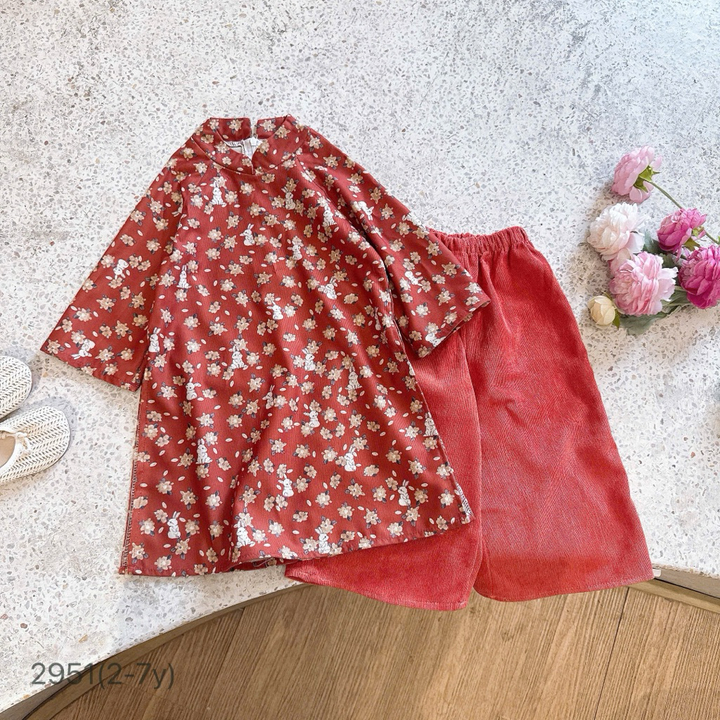Set áo dài nhung hoa nhí bé gái cao cấp OP size 2-7y (11-30kg) mềm mịn sang xinh