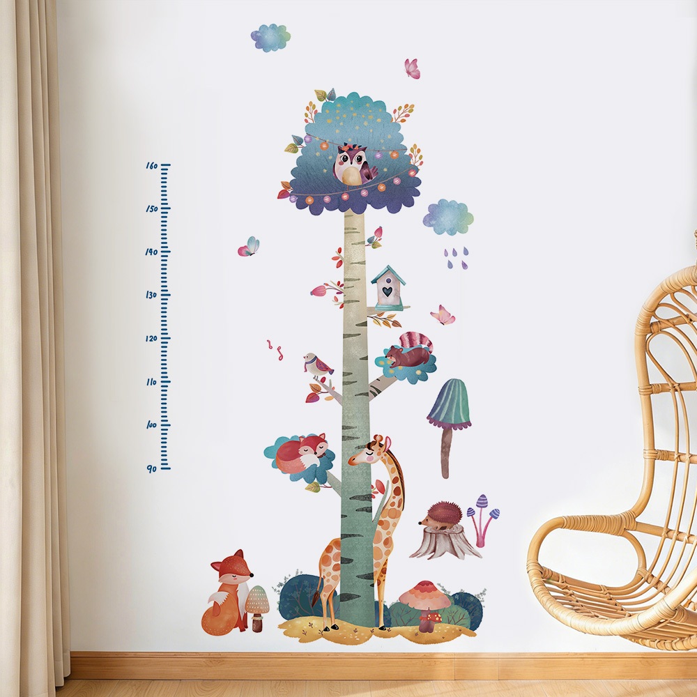 Decal Dán Tường Đo Chiều Cao Hình Cây Và Động Vật Đáng Yêu Có Keo Sẵn 96x169cm - Trang Trí Phòng Bé