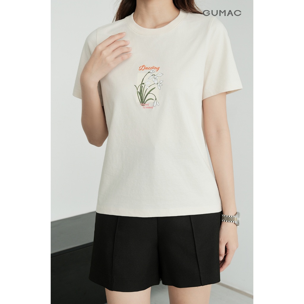 Áo Thun Nữ Cổ Tròn GUMAC Form Suông Thêu Chữ Cách Điệu Chất Cotton 2C Thoáng Mát ATF09011