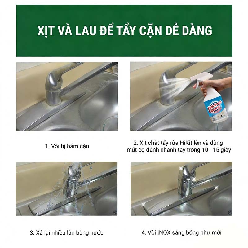 Nước Tẩy Cặn Canxi & Vết Ố Đa Năng Cho Phòng Tắm - Làm Sạch Vòi Sen, Bồn Cầu, Gạch Men, Gương Kính | Hiệu Quả Nhanh | Ch