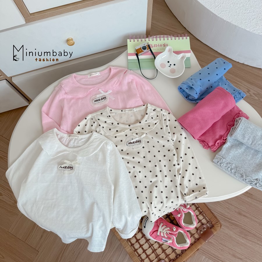 Set bộ dài tay bé gái cổ sen Miniumbaby mix hình đính nơ cho bé 1-6 tuổi chất cotton mềm mát SB2510