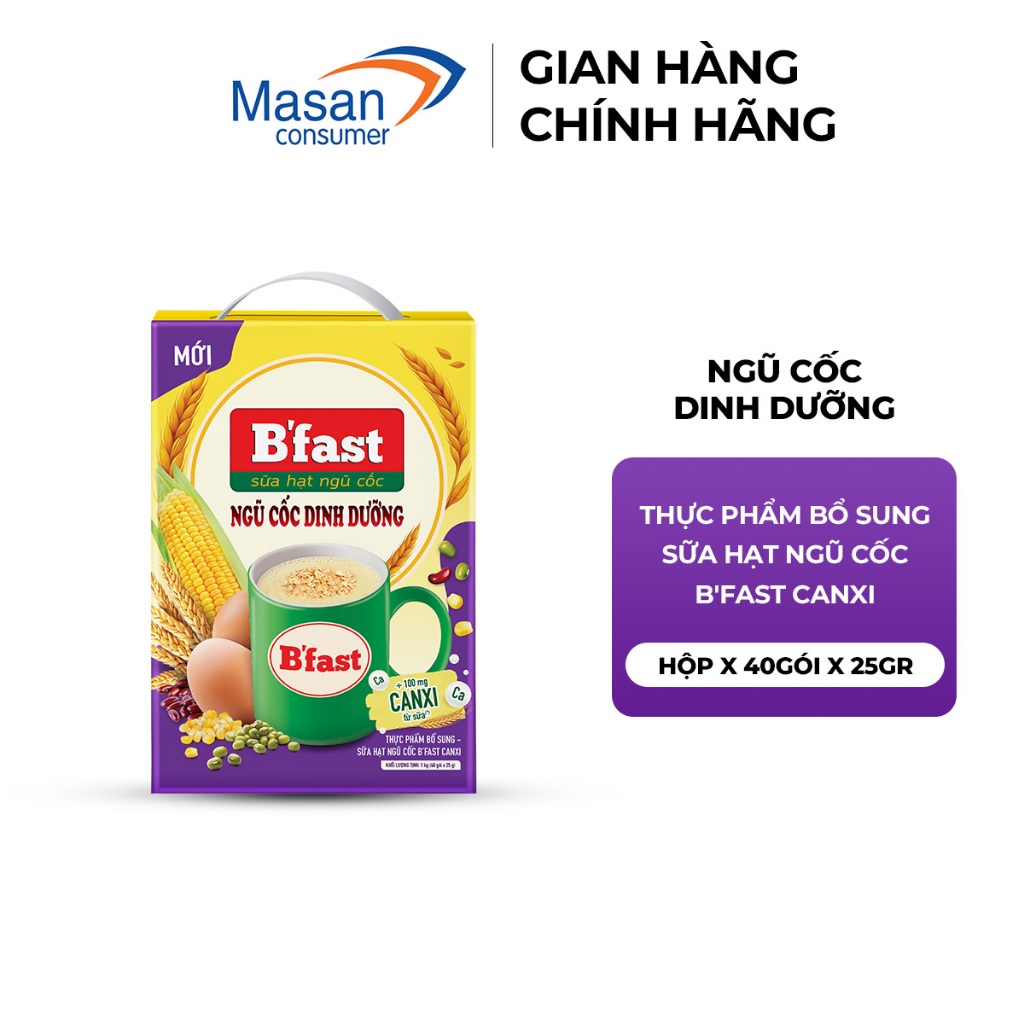 Thực phẩm bổ sung sữa hạt ngũ cốc B'fast Canxi hộp x 40gói x 25gr