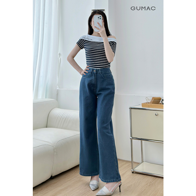 Áo Thun Nữ Lệch Vai GUMAC Thêu Chữ Cơ Bản Chất Thun Cotton Co Giãn LAF0815