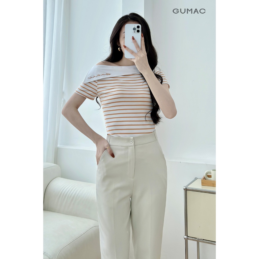 Áo Thun Nữ Lệch Vai GUMAC Thêu Chữ Cơ Bản Chất Thun Cotton Co Giãn LAF0815