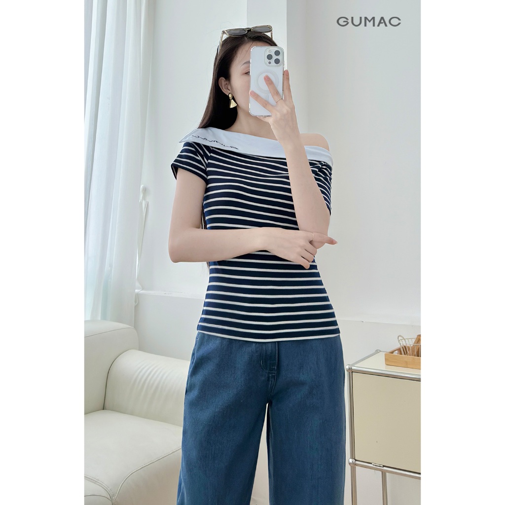 Áo Thun Nữ Lệch Vai GUMAC Thêu Chữ Cơ Bản Chất Thun Cotton Co Giãn LAF0815
