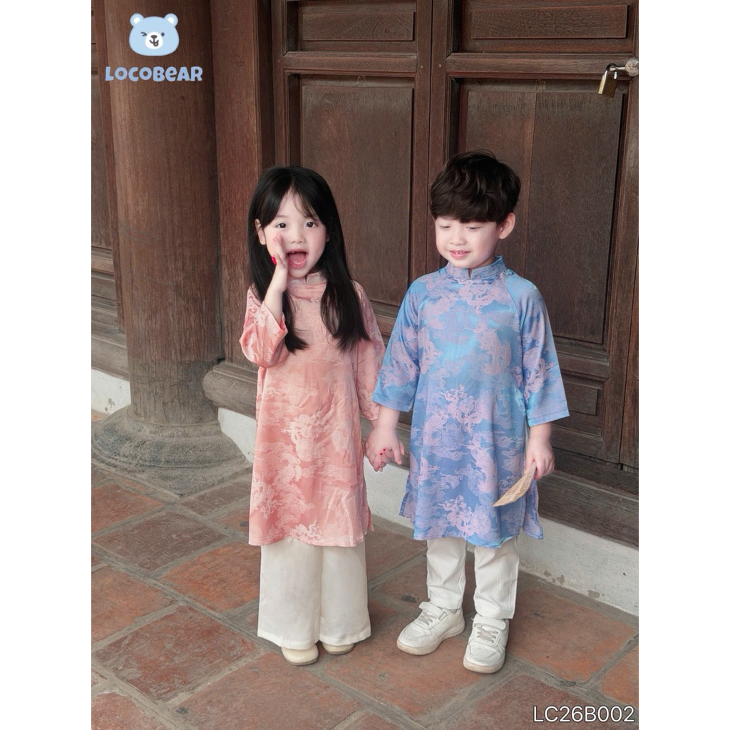 Áo Dài Bé Trai Bé Gái Vải Lụa Gấm Mây Ngọc Bích LC26B002, Set Áo Dài Trẻ Em Mặc Tết Đi Chơi Size 80-140 (9-30kg)