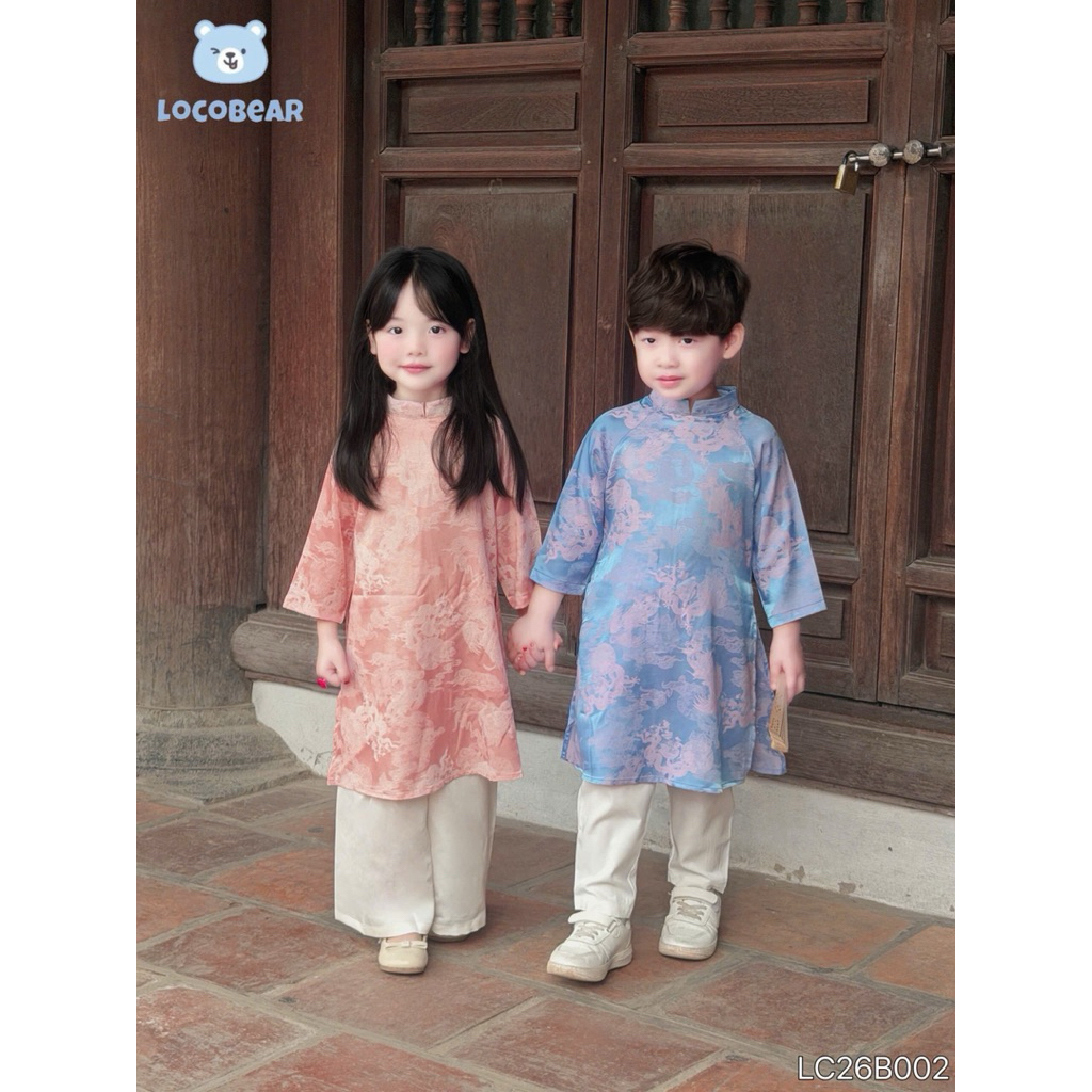 Áo Dài Bé Trai Bé Gái Vải Lụa Gấm Mây Ngọc Bích LC26B002, Set Áo Dài Trẻ Em Mặc Tết Đi Chơi Size 80-140 (9-30kg)
