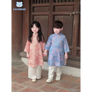 Áo Dài Bé Trai Bé Gái Vải Lụa Gấm Mây Ngọc Bích LC26B002, Set Áo Dài Trẻ Em Mặc Tết Đi Chơi Size 80-140 (9-30kg)
