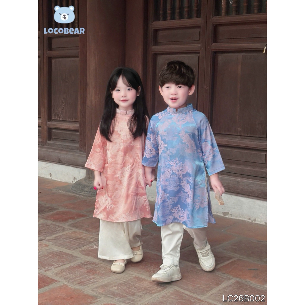 Áo Dài Bé Trai Bé Gái Vải Lụa Gấm Mây Ngọc Bích LC26B002, Set Áo Dài Trẻ Em Mặc Tết Đi Chơi Size 80-140 (9-30kg)