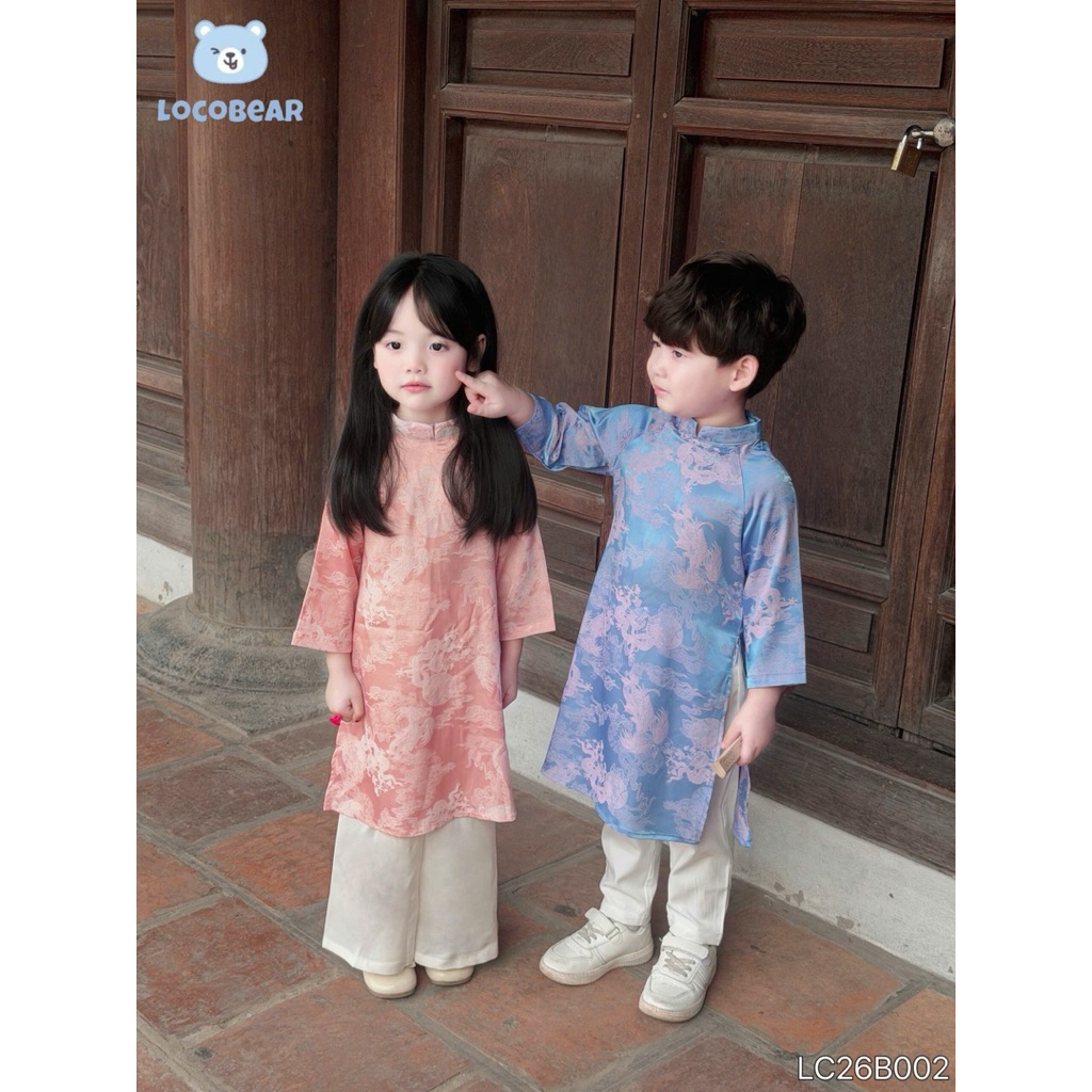 Áo Dài Bé Trai Bé Gái Vải Lụa Gấm Mây Ngọc Bích LC26B002, Set Áo Dài Trẻ Em Mặc Tết Đi Chơi Size 80-140 (9-30kg)