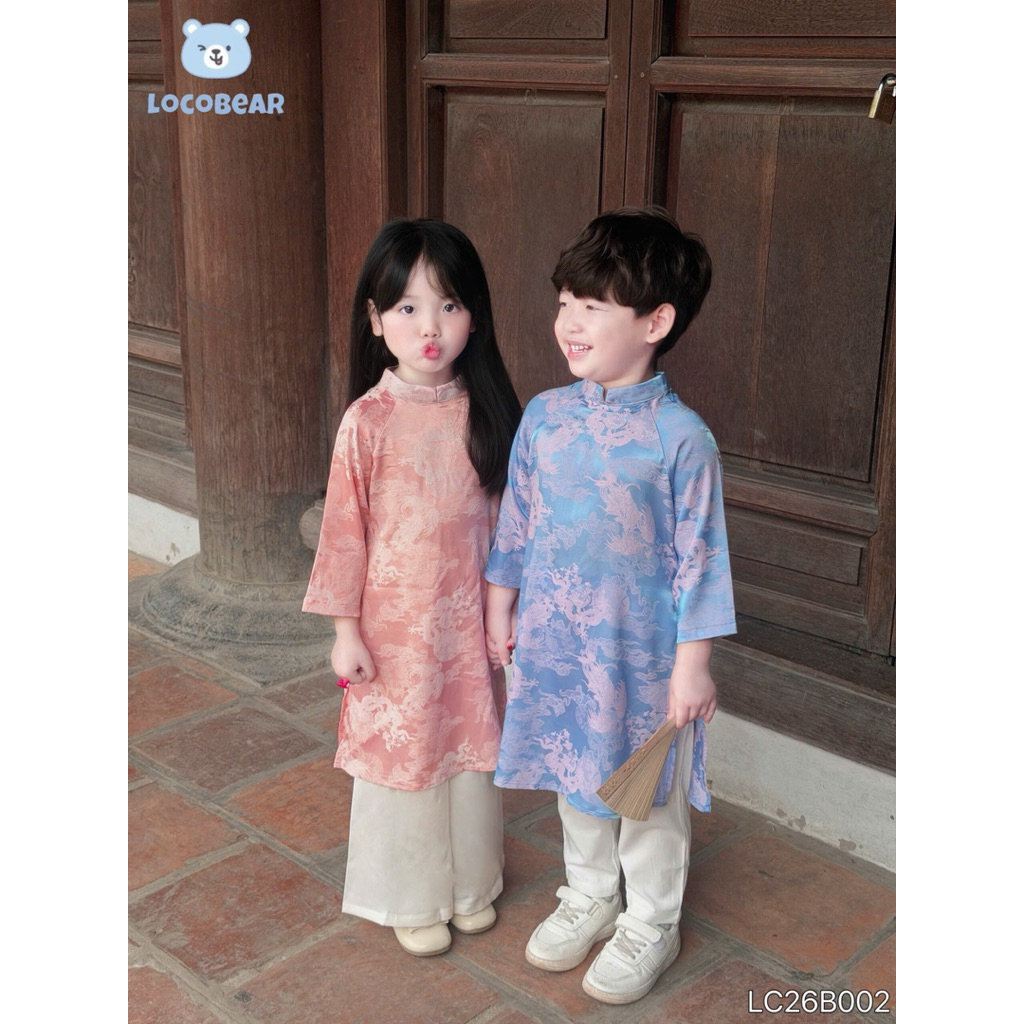 Áo Dài Bé Trai Bé Gái Vải Lụa Gấm Mây Ngọc Bích LC26B002, Set Áo Dài Trẻ Em Mặc Tết Đi Chơi Size 80-140 (9-30kg)